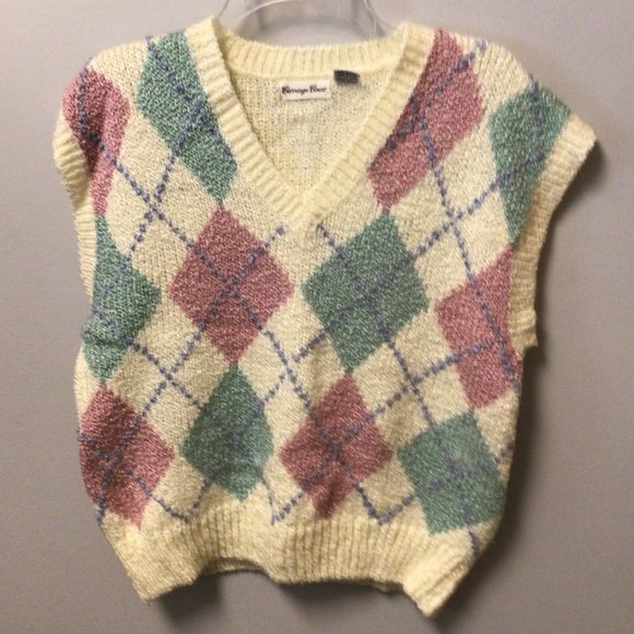 Carriage Court Sweaters - Carriage Court - Cream V-neck pink & green argyle sweater vest